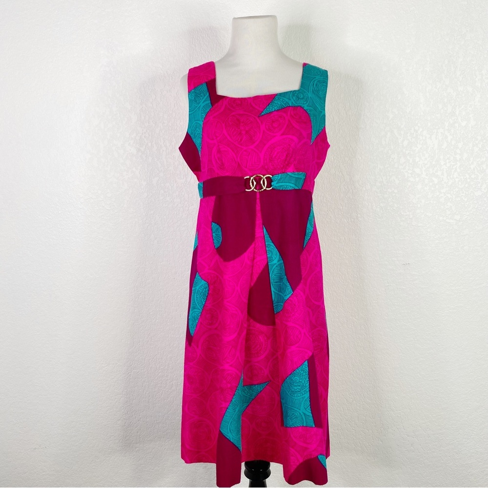 Vintage Malikini Pink & Teal Blue Green Hawaiian Shift Dress